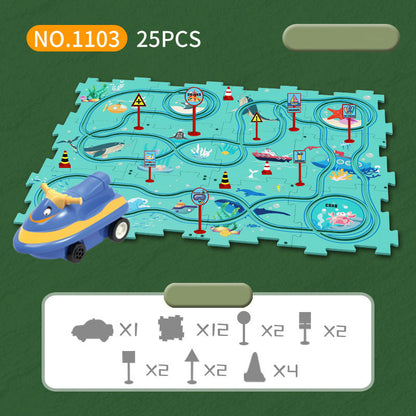 DIY assembly of children's puzzle track car with various scenarios city map construction electric puzzle track car