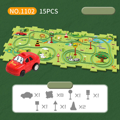 DIY assembly of children's puzzle track car with various scenarios city map construction electric puzzle track car
